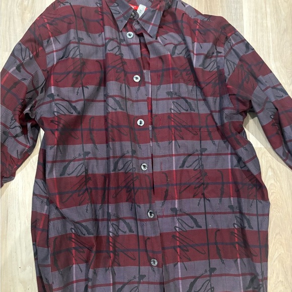 Red and Gray Casual Button Down Shirt with Horizontal Stripes - Picture 1 of 7